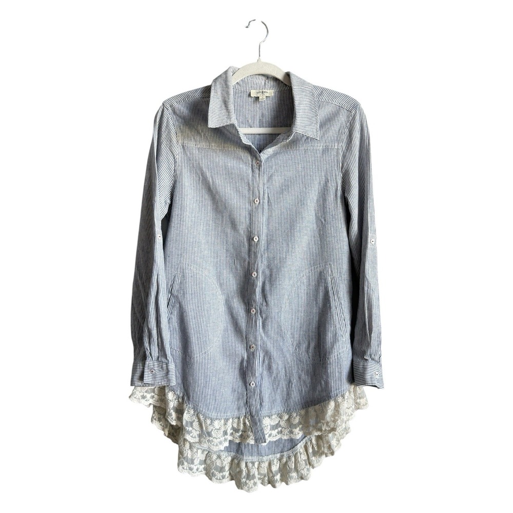 Umgee Women's S Blue Striped Button Up Lace Hem Tunic Shirt Adjustable Sleeves